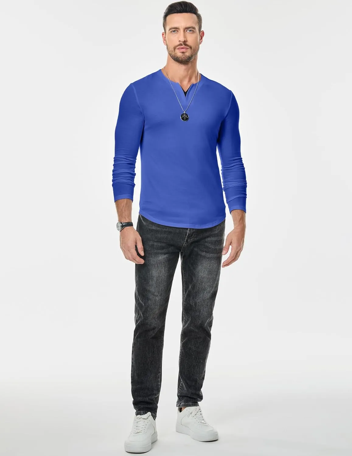 JMIERR Mens Casual Muscle T Shirt Long Sleeve V-Neck Longline Soft Tee Shirt