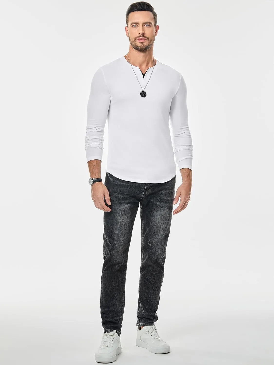 JMIERR Mens Casual Muscle T Shirt Long Sleeve V-Neck Longline Soft Tee Shirt