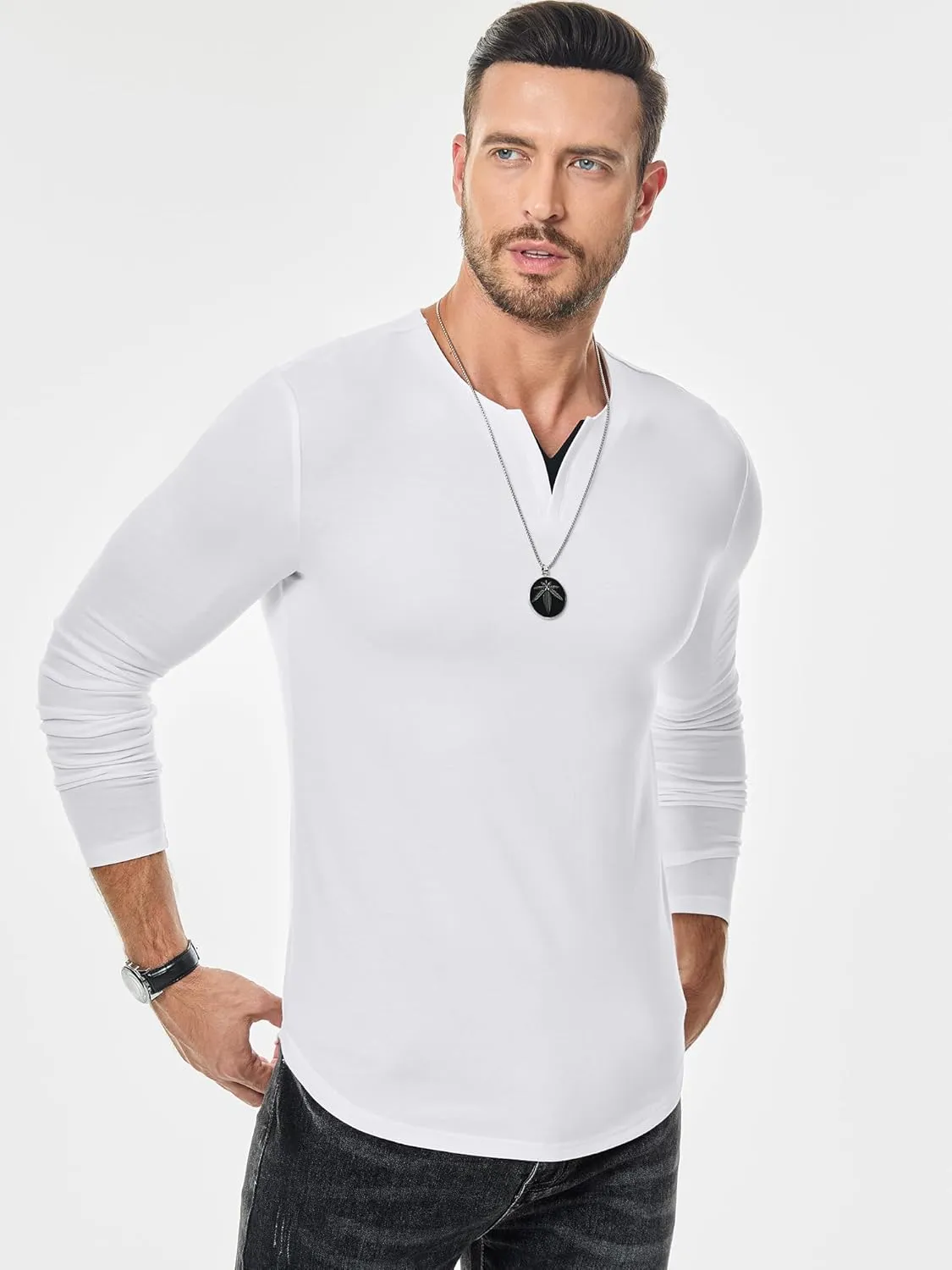 JMIERR Mens Casual Muscle T Shirt Long Sleeve V-Neck Longline Soft Tee Shirt