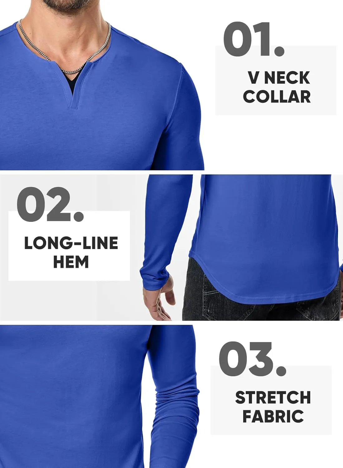 JMIERR Mens Casual Muscle T Shirt Long Sleeve V-Neck Longline Soft Tee Shirt