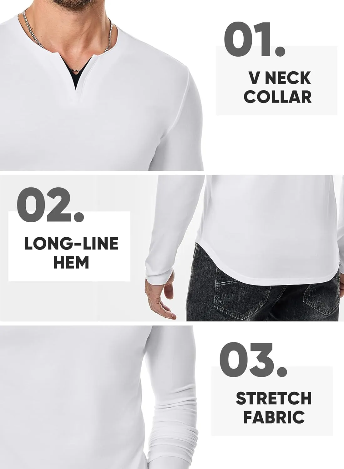 JMIERR Mens Casual Muscle T Shirt Long Sleeve V-Neck Longline Soft Tee Shirt