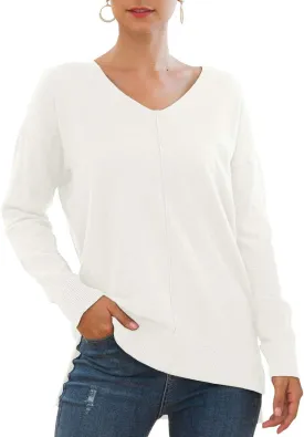 Jouica Women's Casual Lightweight V Neck Batwing Sleeve Knit Top Loose Pullover Sweater
