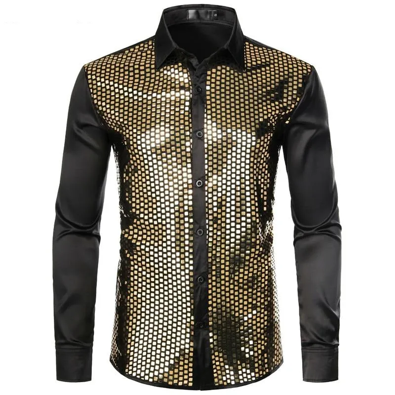 Lakis Designer Sequin Gold Plaid Long Sleeve Satin Black Shirt