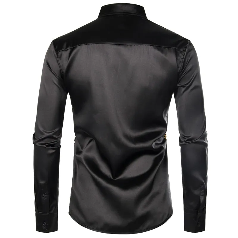 Lakis Designer Sequin Gold Plaid Long Sleeve Satin Black Shirt