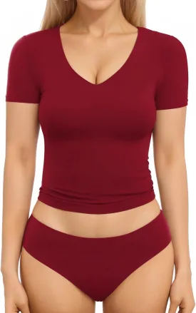 MANGOPOP Women's Double Lined Short Long Sleeve Tops V Neck T Shirts Fitted Basic Tee