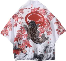 Men Women Japanese Haori Shirt, Y2K Anime Harajuku Kimono Short Sleeve Button Down Aesthetic Top Streetwear Summer