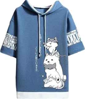 Men Women Y2K Hoodie T-Shirt, Japanese Kawaii Cute Anime Short Sleeve Aesthetic Top Tshirts Streetwear Summer