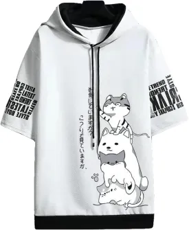 Men Women Y2K Hoodie T-Shirt, Japanese Kawaii Cute Anime Short Sleeve Aesthetic Top Tshirts Streetwear Summer