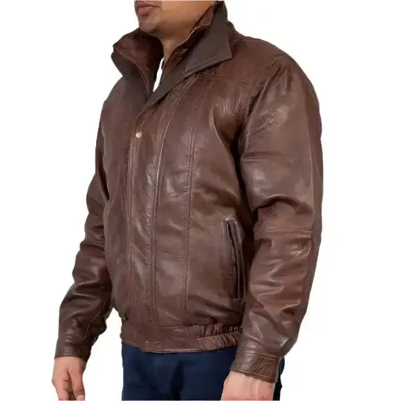 Men's Double Collar Leather Bomber Jacket – Stylish & Unique