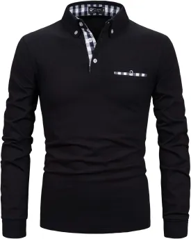 Men's Long Sleeve Polo Shirts Casual Fit Plaid Collar Cotton Golf T-Shirts