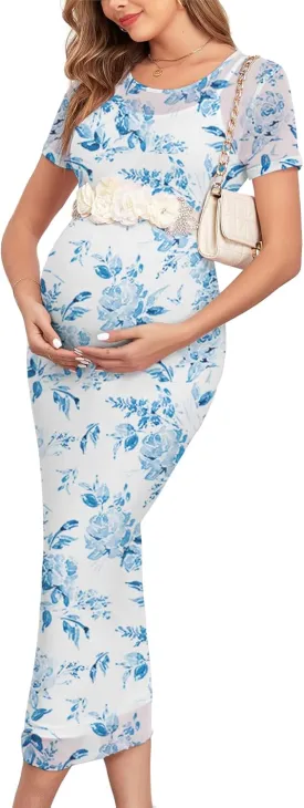 Mesh Maternity Dress Ruched Side Round Neck Pregnancy Dresses Baby Shower Wedding Guest Cocktail Party 2024 Fall