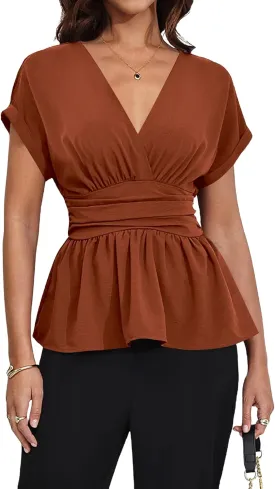 Milumia Women's V Neck Cap Sleeve Wrap Blouses Ruched Ruffle Hem Peplum Tops