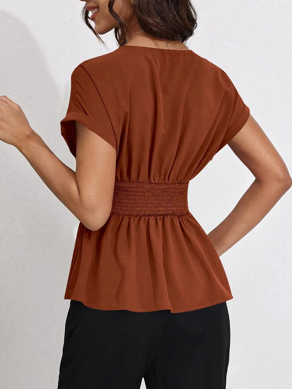 Milumia Women's V Neck Cap Sleeve Wrap Blouses Ruched Ruffle Hem Peplum Tops