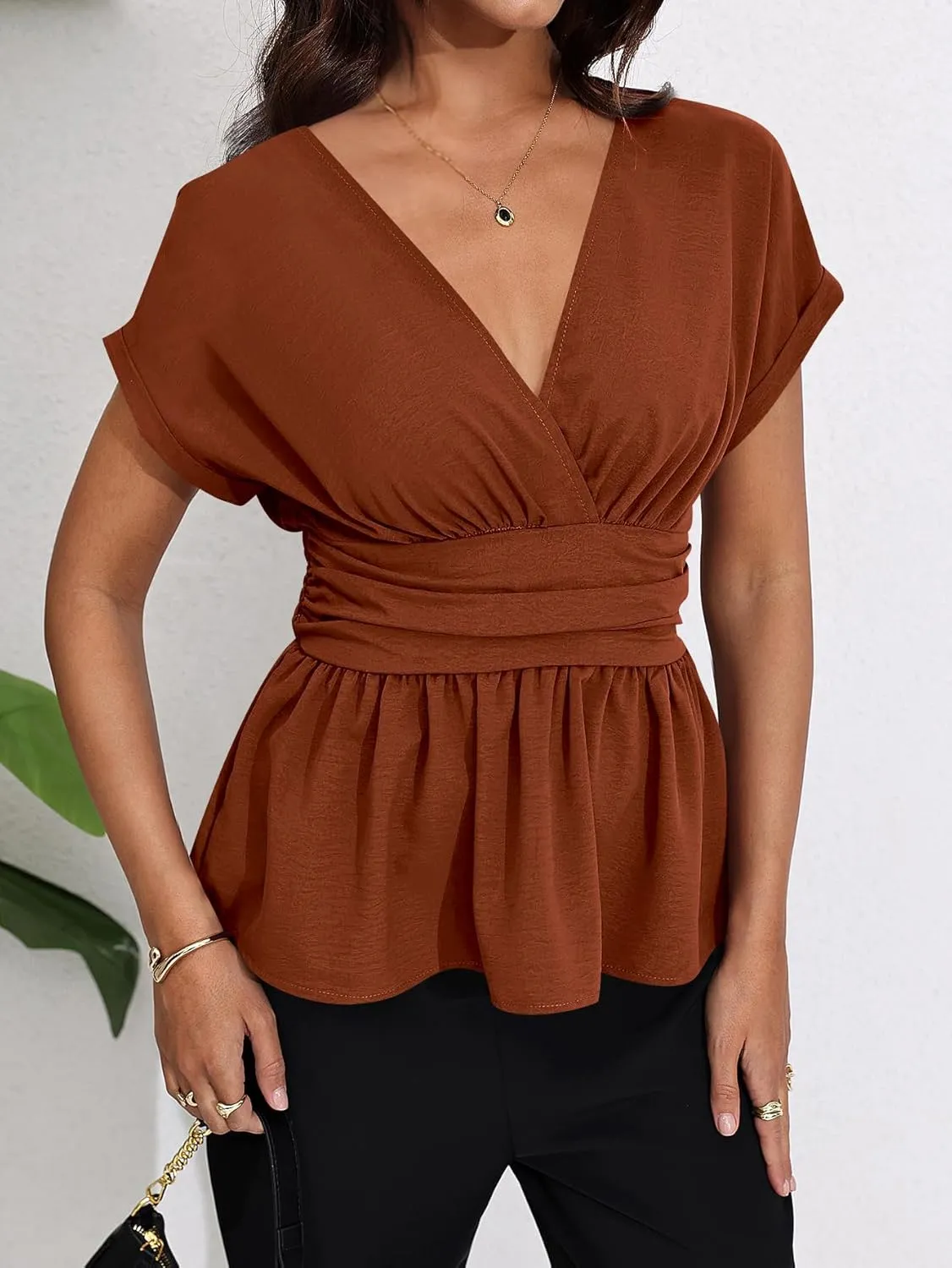 Milumia Women's V Neck Cap Sleeve Wrap Blouses Ruched Ruffle Hem Peplum Tops