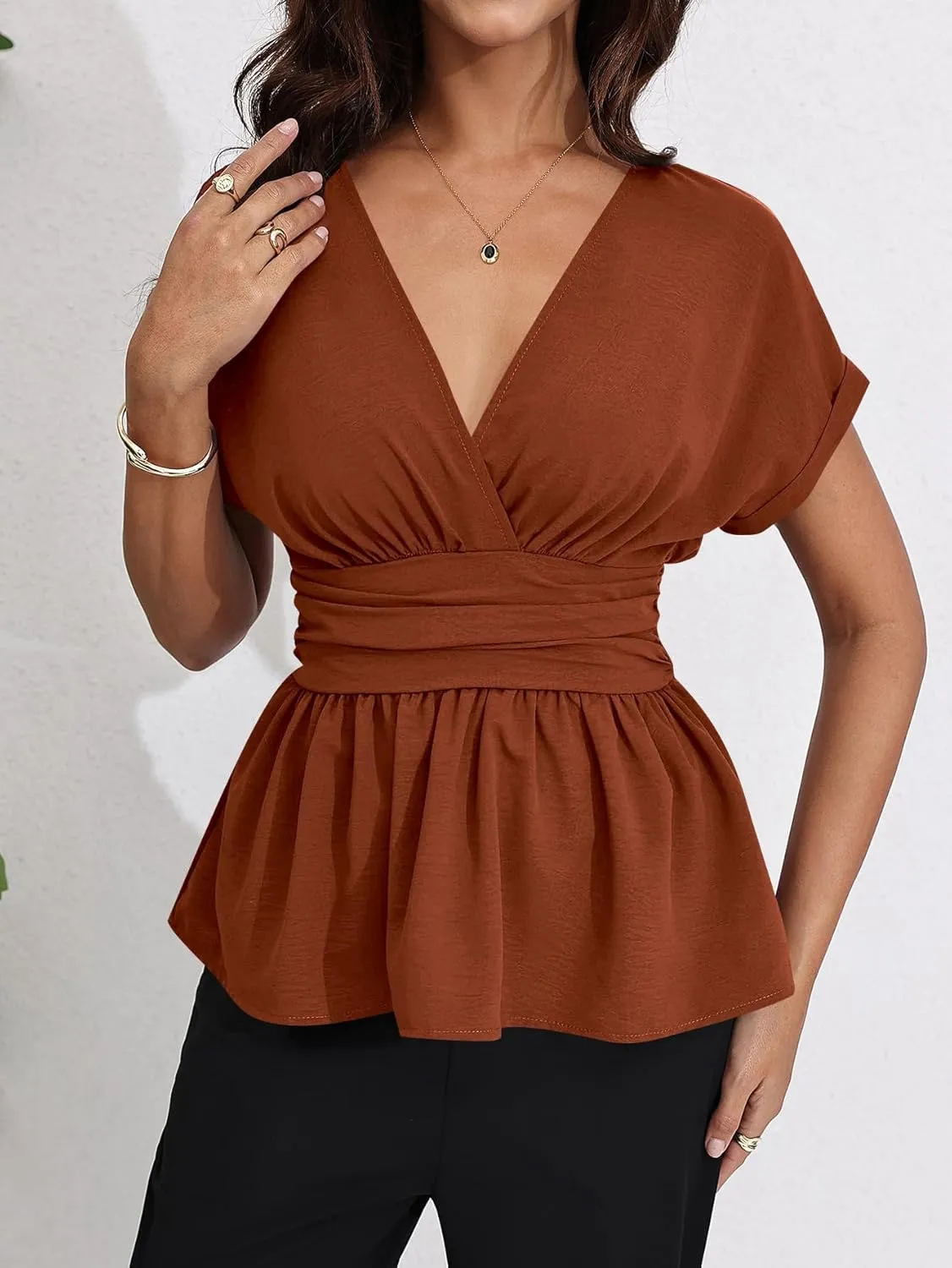 Milumia Women's V Neck Cap Sleeve Wrap Blouses Ruched Ruffle Hem Peplum Tops