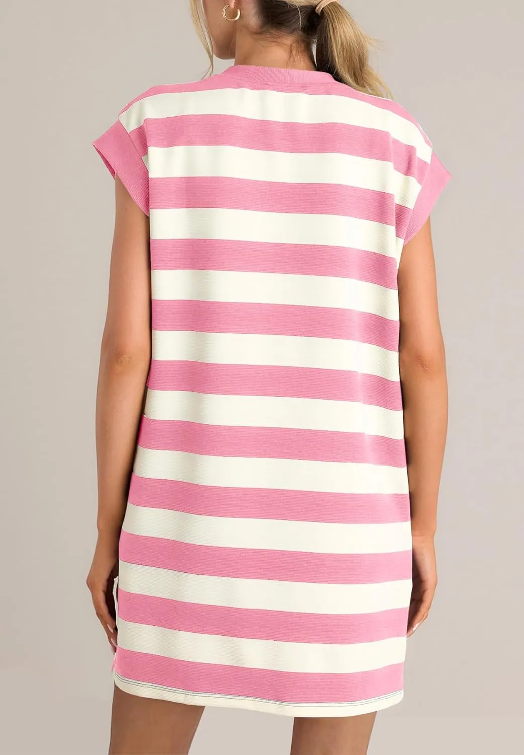 MITILLY Womens Striped Casual Summer Dresses Crewneck Cap Sleeve Color Block Shift Tshirt Short Dress with Pockets New