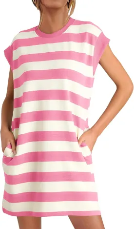 MITILLY Womens Striped Casual Summer Dresses Crewneck Cap Sleeve Color Block Shift Tshirt Short Dress with Pockets New