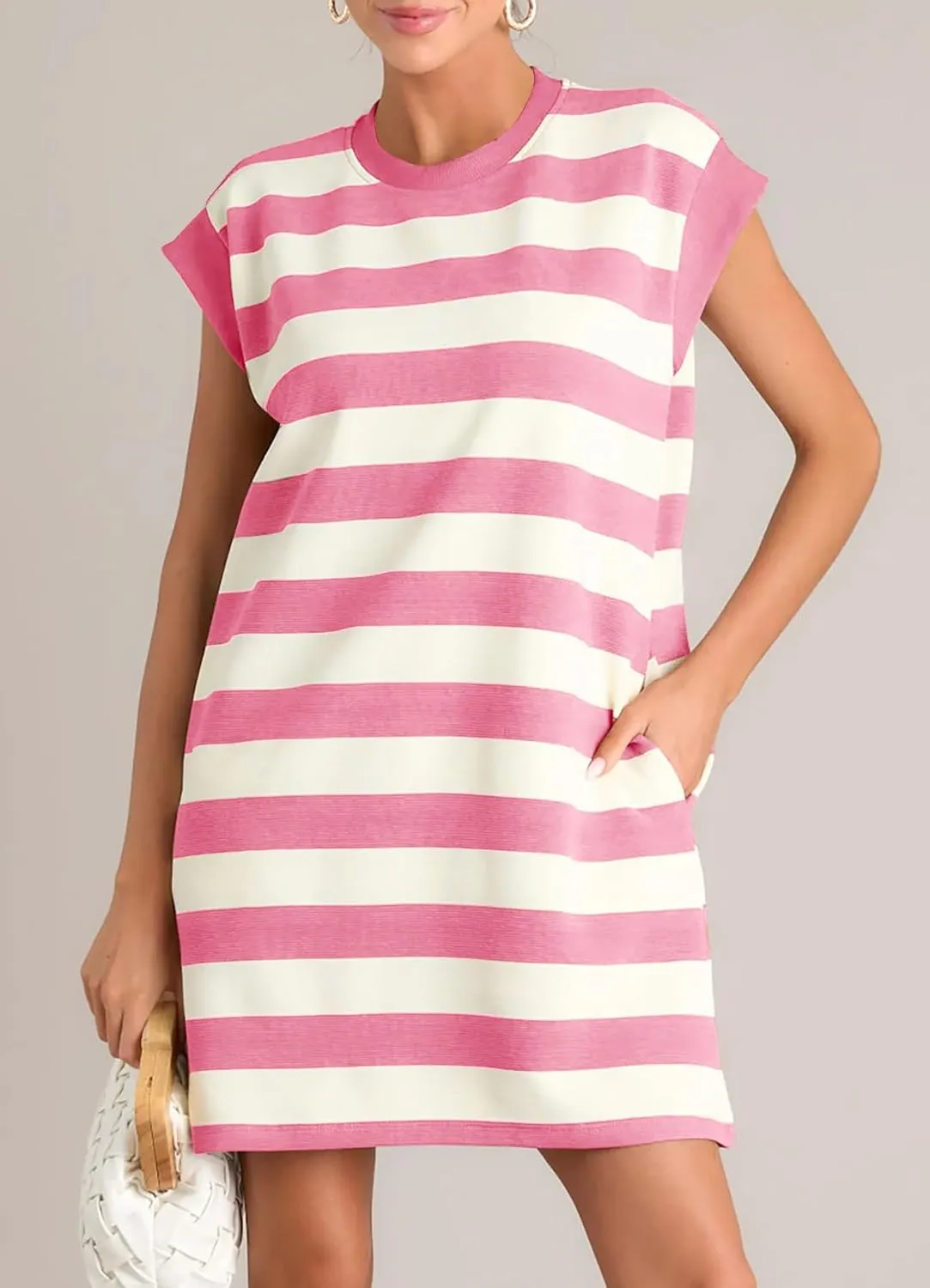 MITILLY Womens Striped Casual Summer Dresses Crewneck Cap Sleeve Color Block Shift Tshirt Short Dress with Pockets New