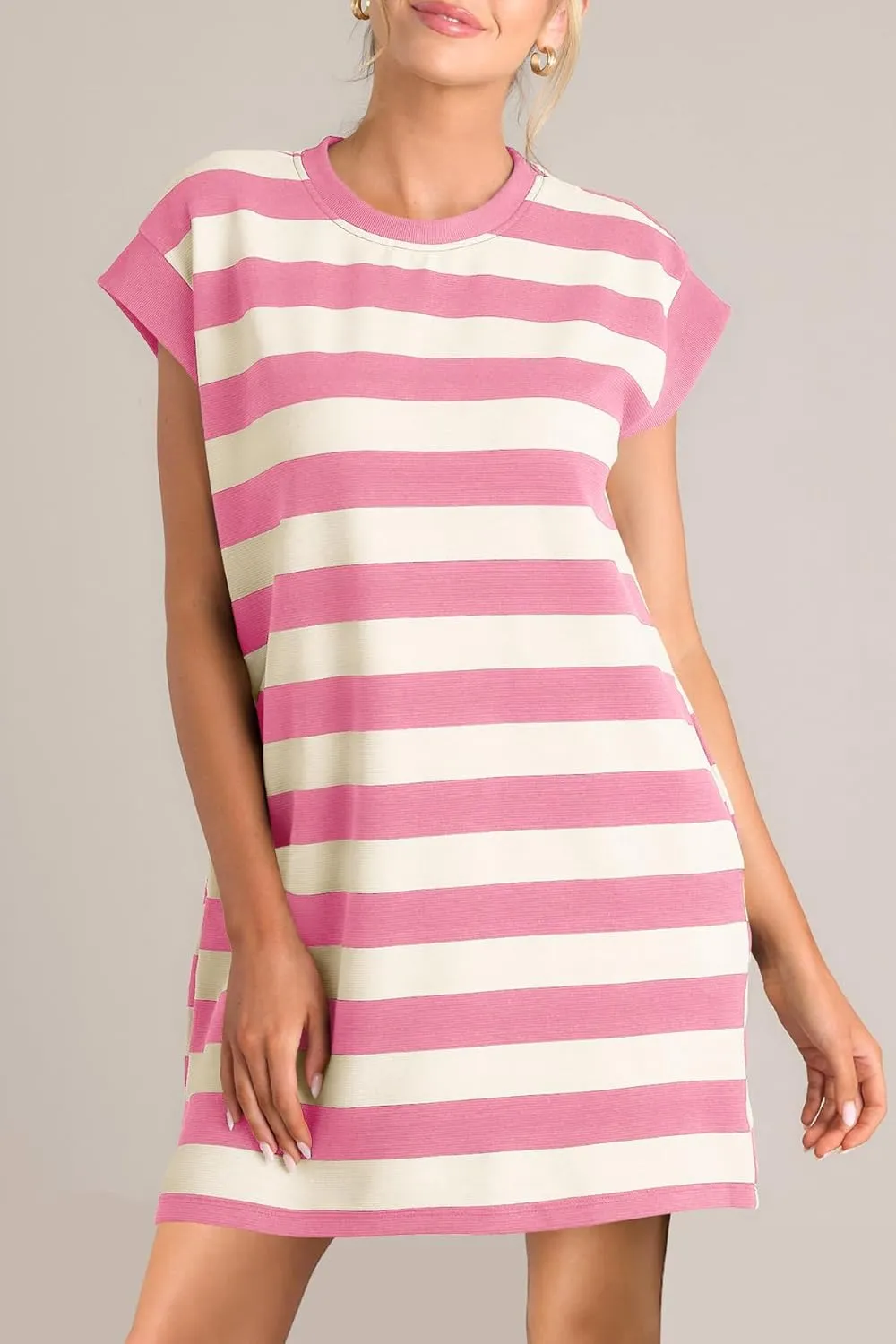 MITILLY Womens Striped Casual Summer Dresses Crewneck Cap Sleeve Color Block Shift Tshirt Short Dress with Pockets New