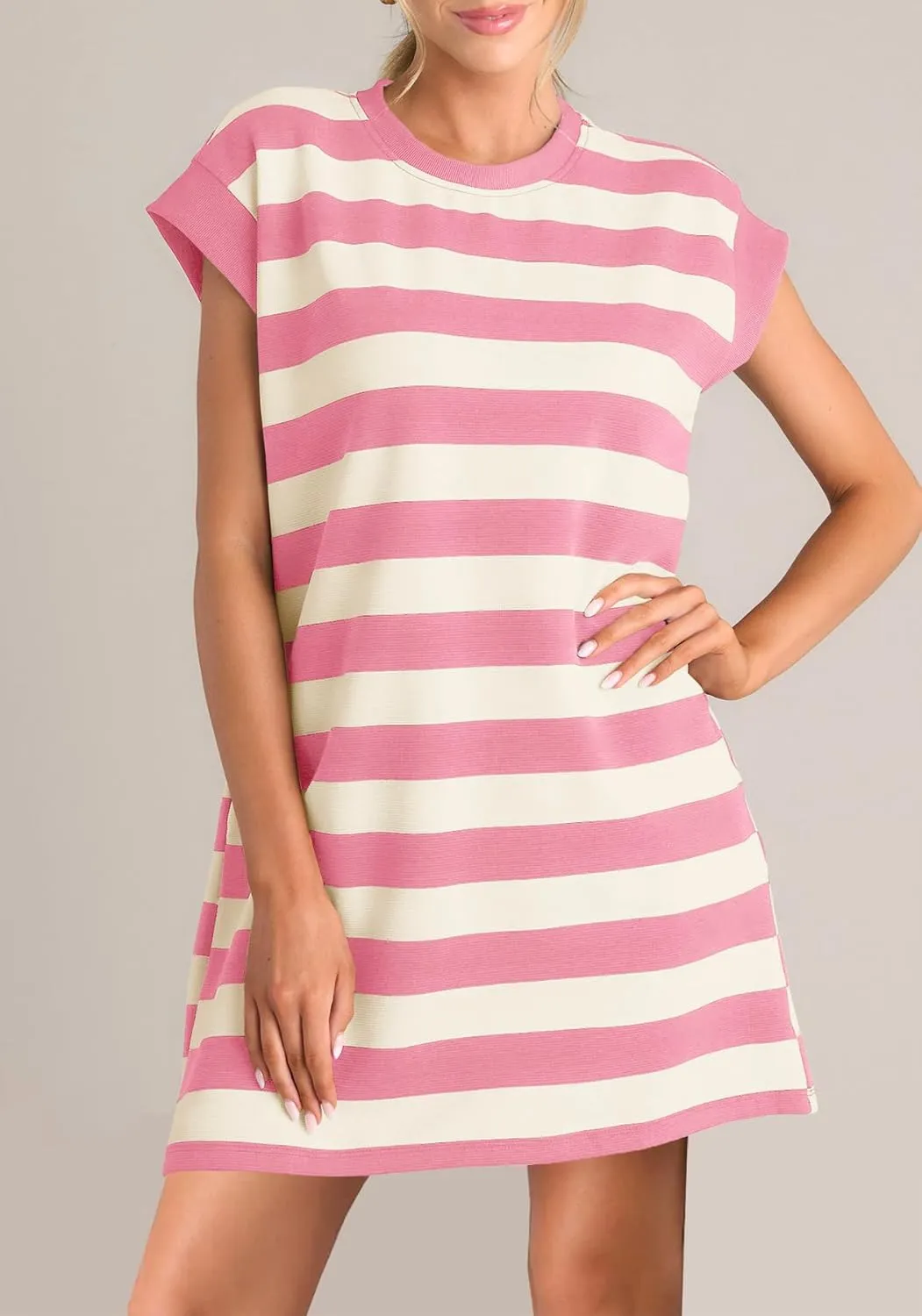 MITILLY Womens Striped Casual Summer Dresses Crewneck Cap Sleeve Color Block Shift Tshirt Short Dress with Pockets New