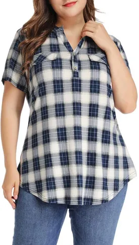 MONNURO Womens Plus Size Tops V Neck Plaid Shirts Summer Short Sleeve Work Casual Blouses