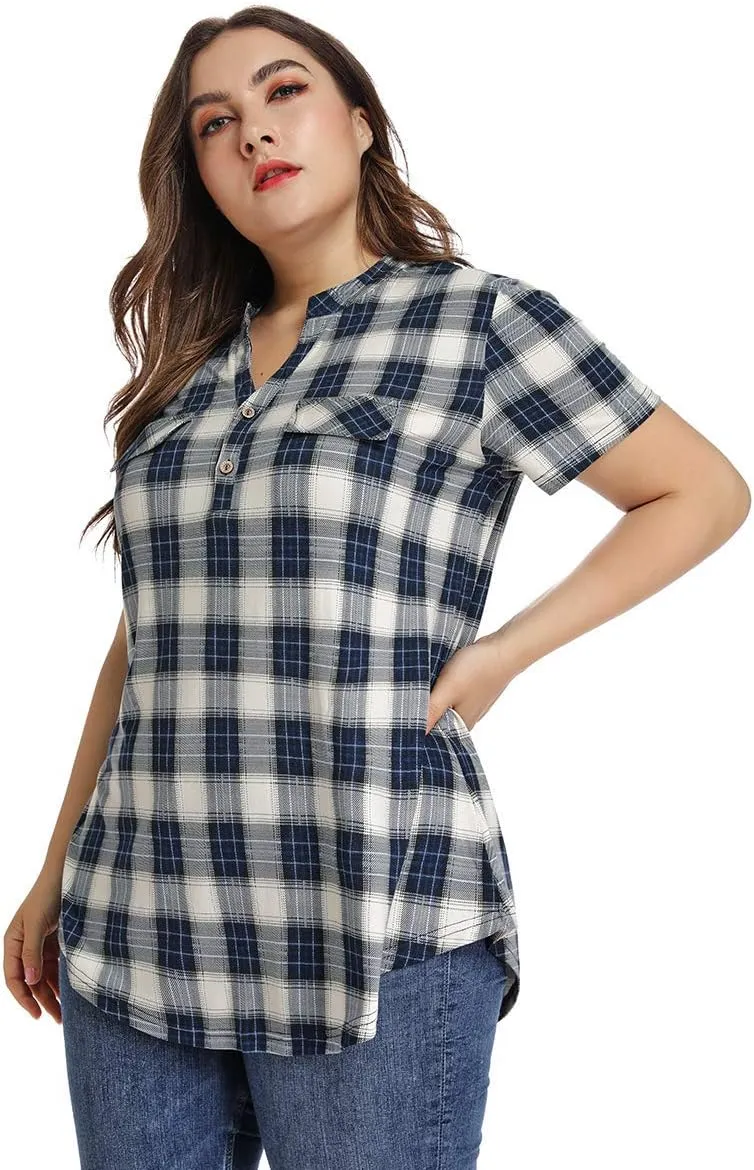 MONNURO Womens Plus Size Tops V Neck Plaid Shirts Summer Short Sleeve Work Casual Blouses