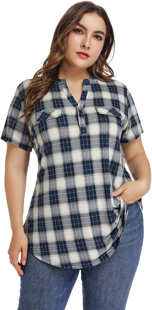 MONNURO Womens Plus Size Tops V Neck Plaid Shirts Summer Short Sleeve Work Casual Blouses