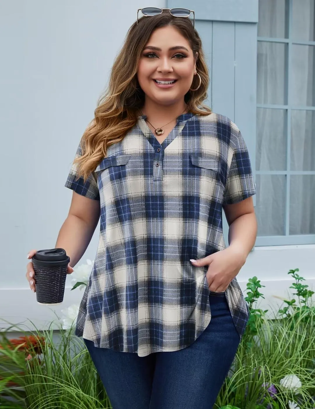 MONNURO Womens Plus Size Tops V Neck Plaid Shirts Summer Short Sleeve Work Casual Blouses
