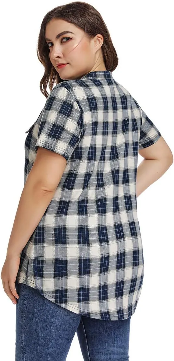 MONNURO Womens Plus Size Tops V Neck Plaid Shirts Summer Short Sleeve Work Casual Blouses