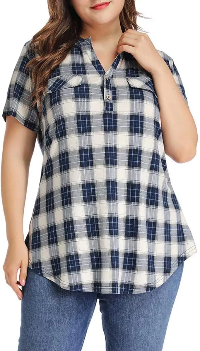 MONNURO Womens Plus Size Tops V Neck Plaid Shirts Summer Short Sleeve Work Casual Blouses