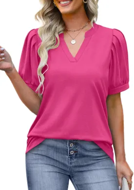 OFEEFAN Women's Pleated Puff Sleeve Tops Summer V Neck Tunic Shirts Loose Curved Hem Blouses Dressy Casual S-3XL