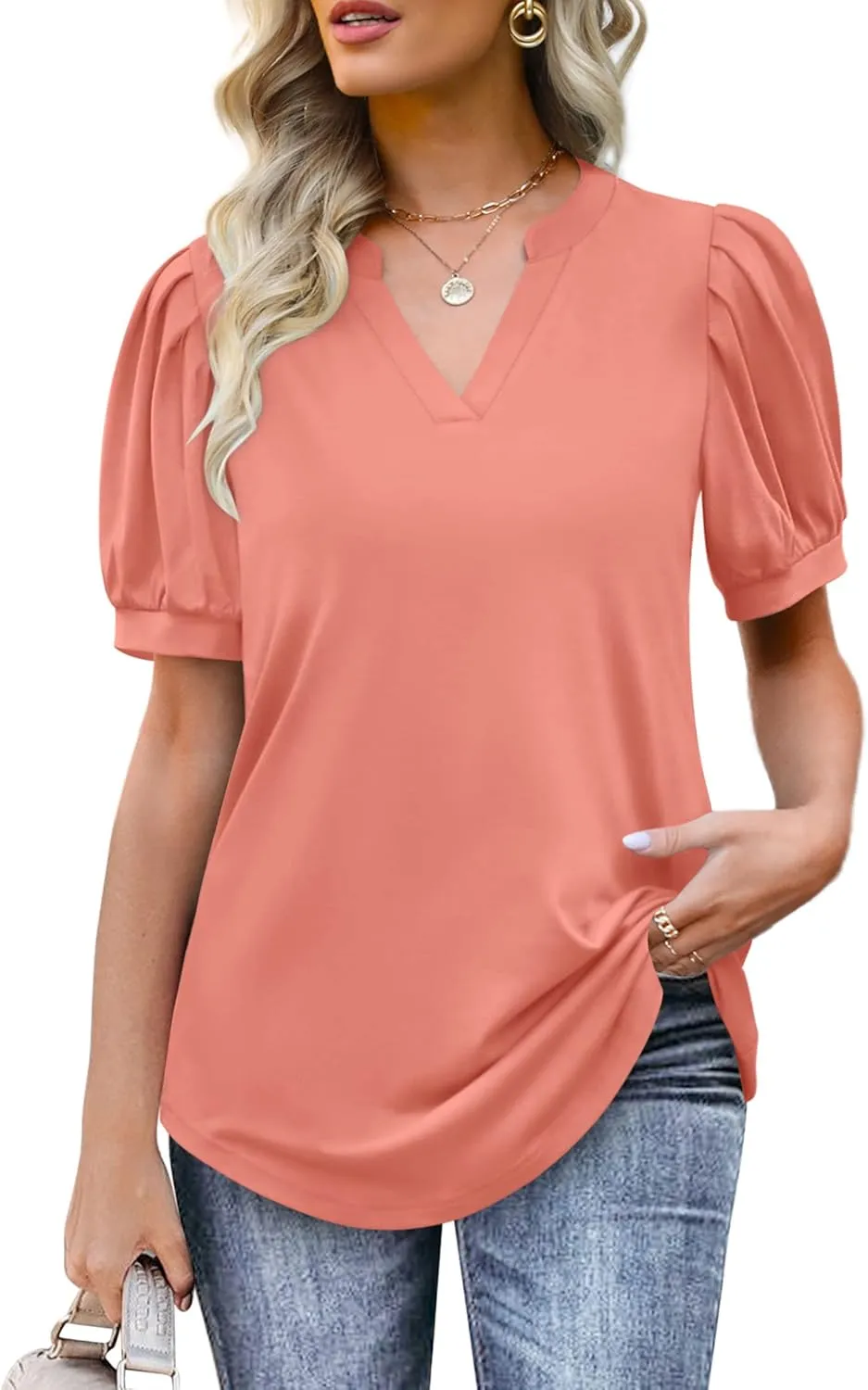 OFEEFAN Women's Pleated Puff Sleeve Tops Summer V Neck Tunic Shirts Loose Curved Hem Blouses Dressy Casual S-3XL