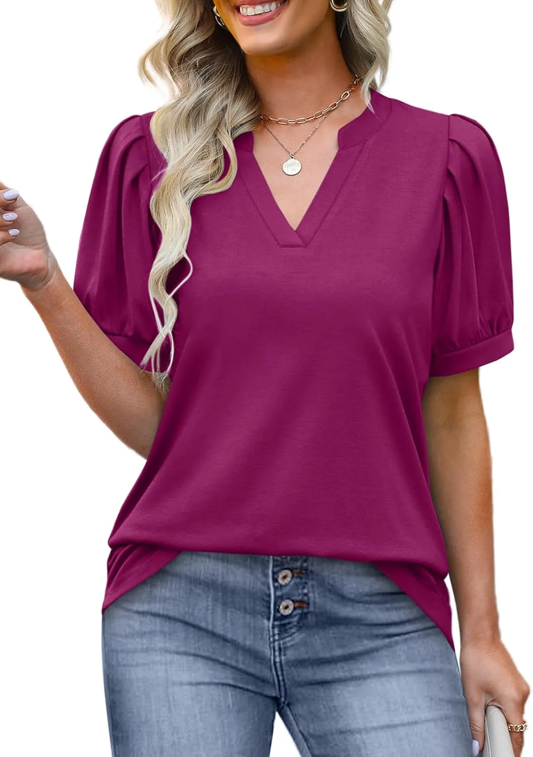 OFEEFAN Women's Pleated Puff Sleeve Tops Summer V Neck Tunic Shirts Loose Curved Hem Blouses Dressy Casual S-3XL