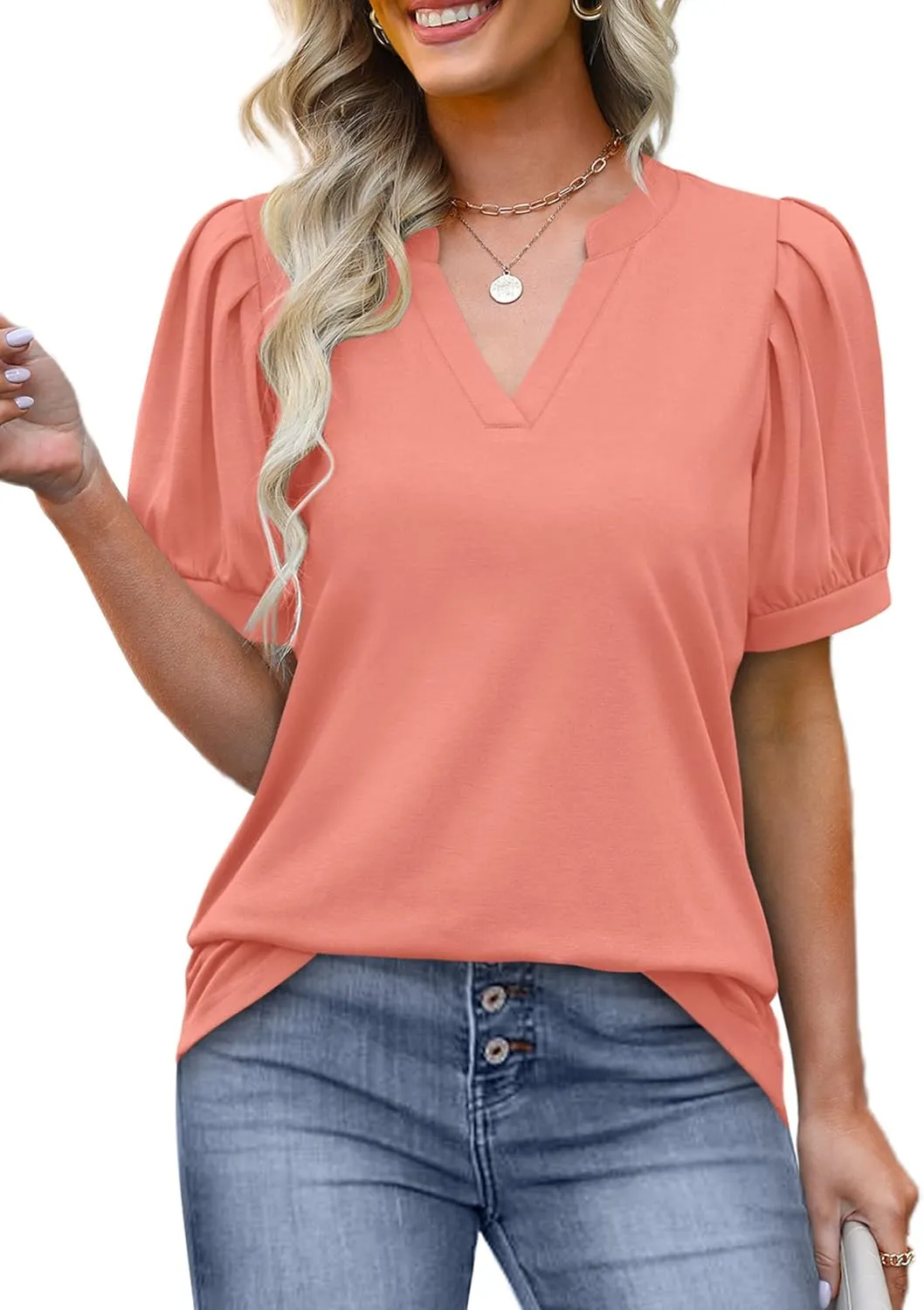 OFEEFAN Women's Pleated Puff Sleeve Tops Summer V Neck Tunic Shirts Loose Curved Hem Blouses Dressy Casual S-3XL