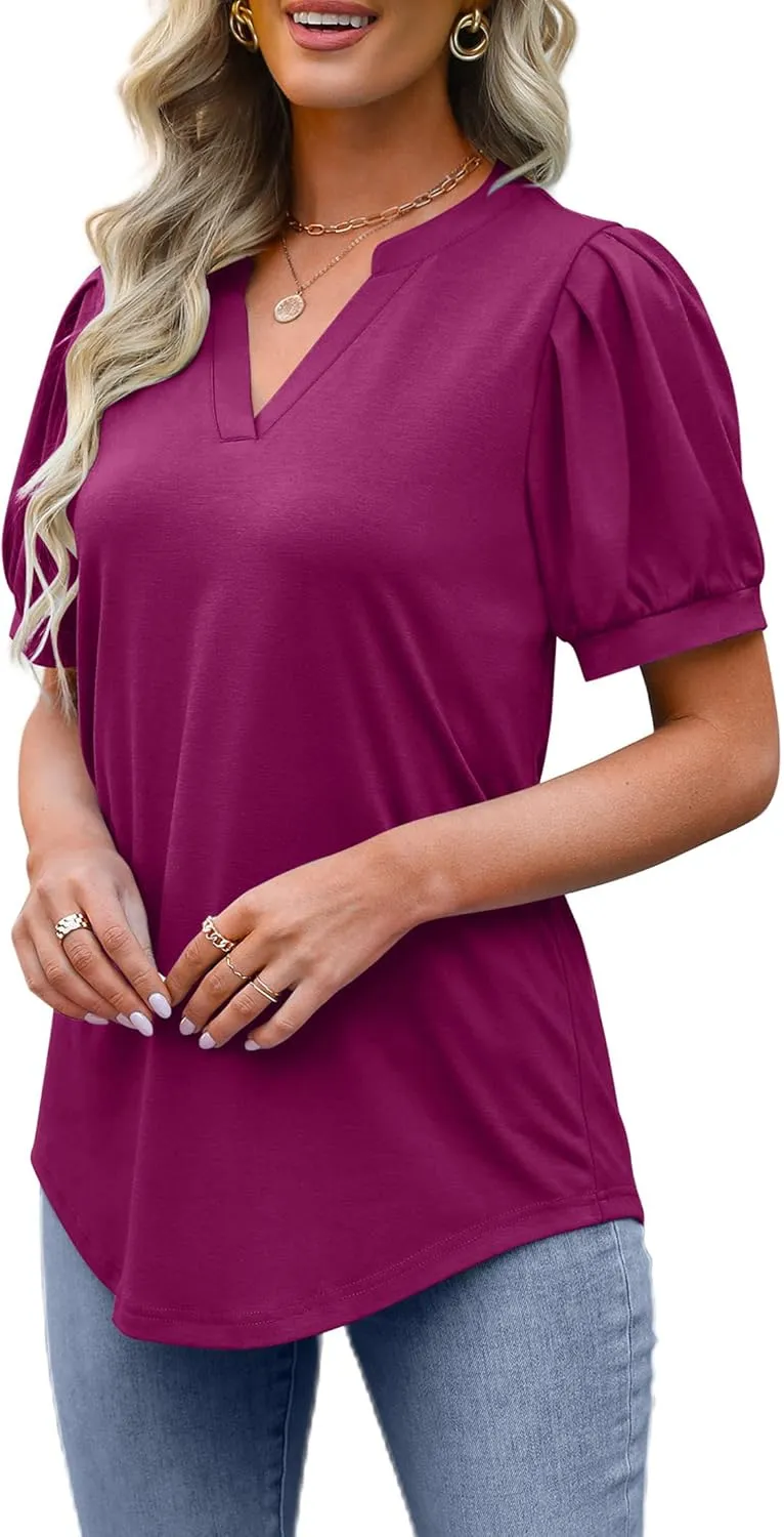 OFEEFAN Women's Pleated Puff Sleeve Tops Summer V Neck Tunic Shirts Loose Curved Hem Blouses Dressy Casual S-3XL