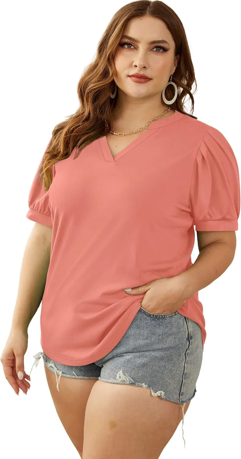 OFEEFAN Women's Pleated Puff Sleeve Tops Summer V Neck Tunic Shirts Loose Curved Hem Blouses Dressy Casual S-3XL