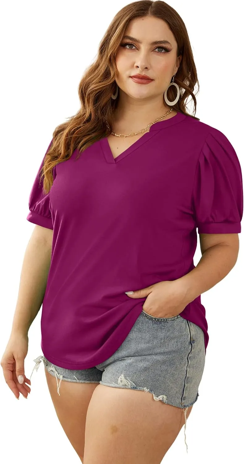 OFEEFAN Women's Pleated Puff Sleeve Tops Summer V Neck Tunic Shirts Loose Curved Hem Blouses Dressy Casual S-3XL