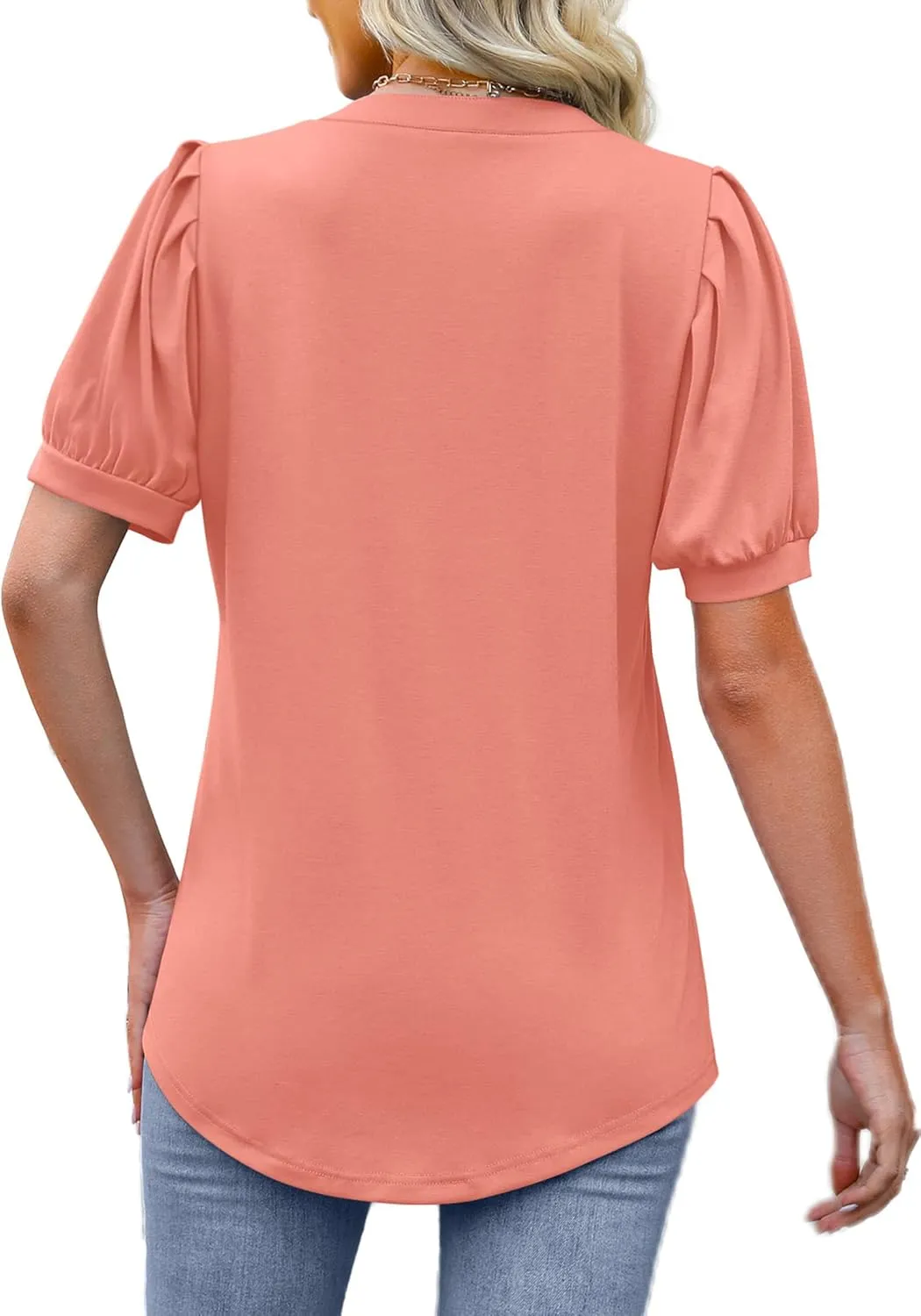 OFEEFAN Women's Pleated Puff Sleeve Tops Summer V Neck Tunic Shirts Loose Curved Hem Blouses Dressy Casual S-3XL