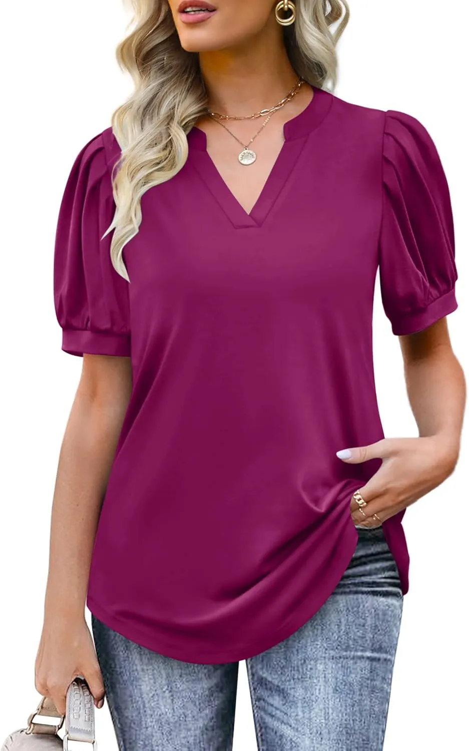 OFEEFAN Women's Pleated Puff Sleeve Tops Summer V Neck Tunic Shirts Loose Curved Hem Blouses Dressy Casual S-3XL