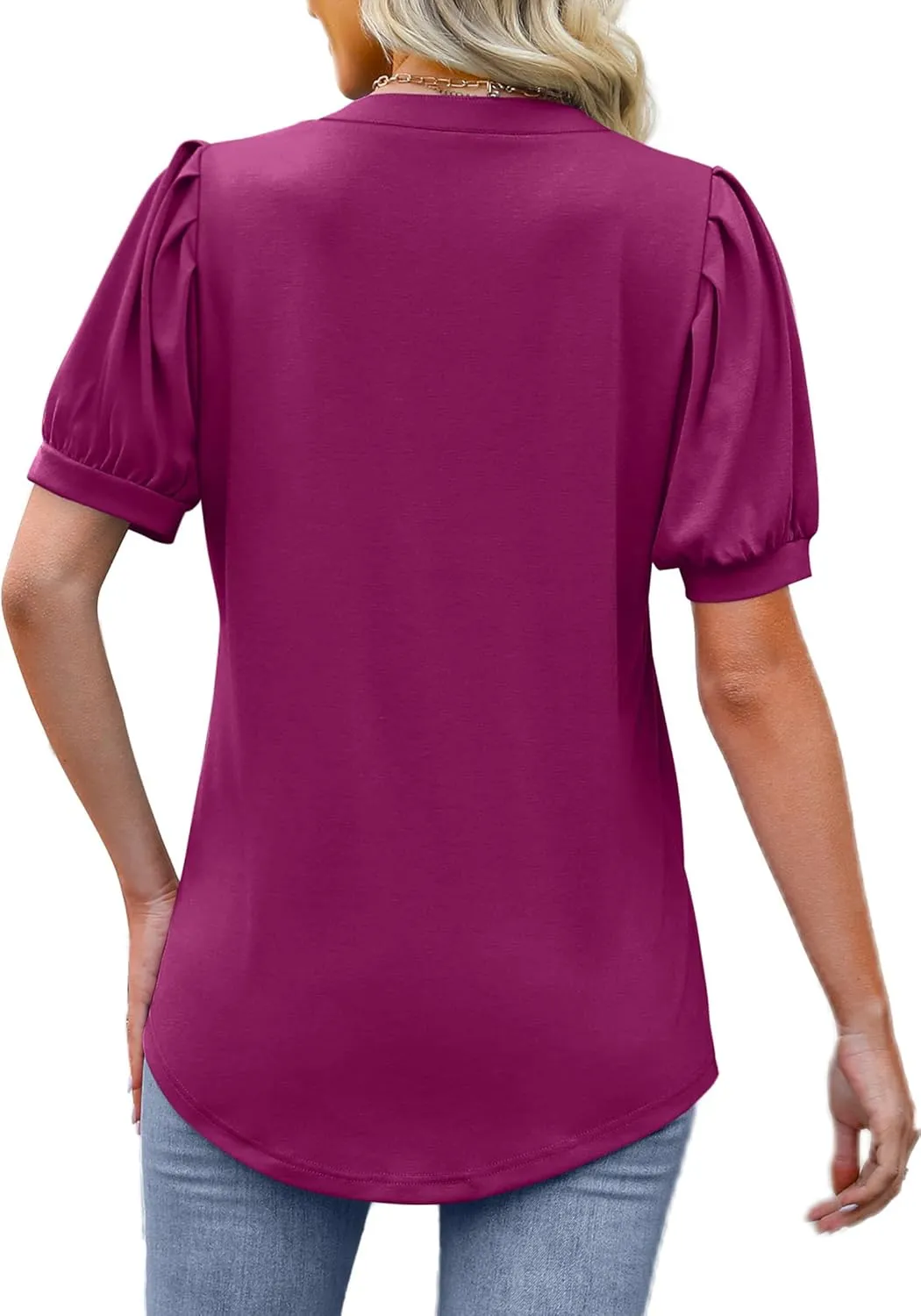 OFEEFAN Women's Pleated Puff Sleeve Tops Summer V Neck Tunic Shirts Loose Curved Hem Blouses Dressy Casual S-3XL