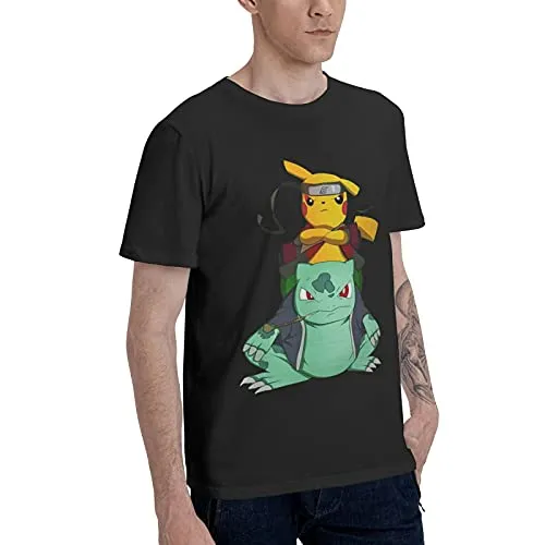 Pikachu Naruto Wallpapers T-Shirt Men's Summer Personality Printed Cotton Shirt Hip Hop Half-Sleeved Round Neck Tee Black