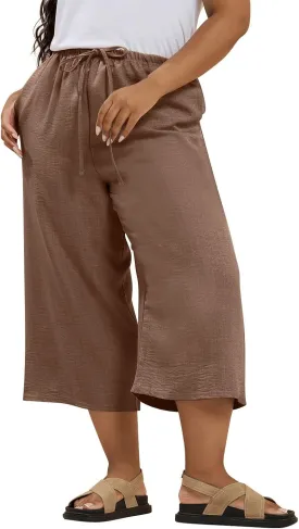 Plus Size Linen Pants for Women Baggy Drawstring High Waisted Wide Leg Pants with Pockets Pull On Capris for Summer