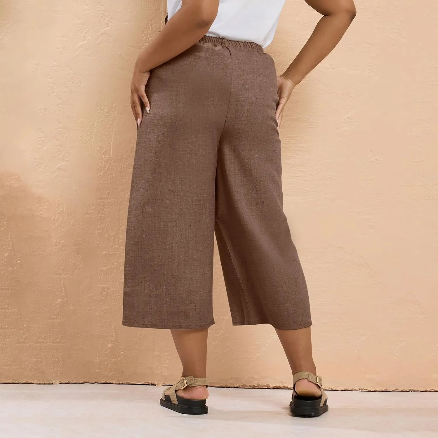 Plus Size Linen Pants for Women Baggy Drawstring High Waisted Wide Leg Pants with Pockets Pull On Capris for Summer