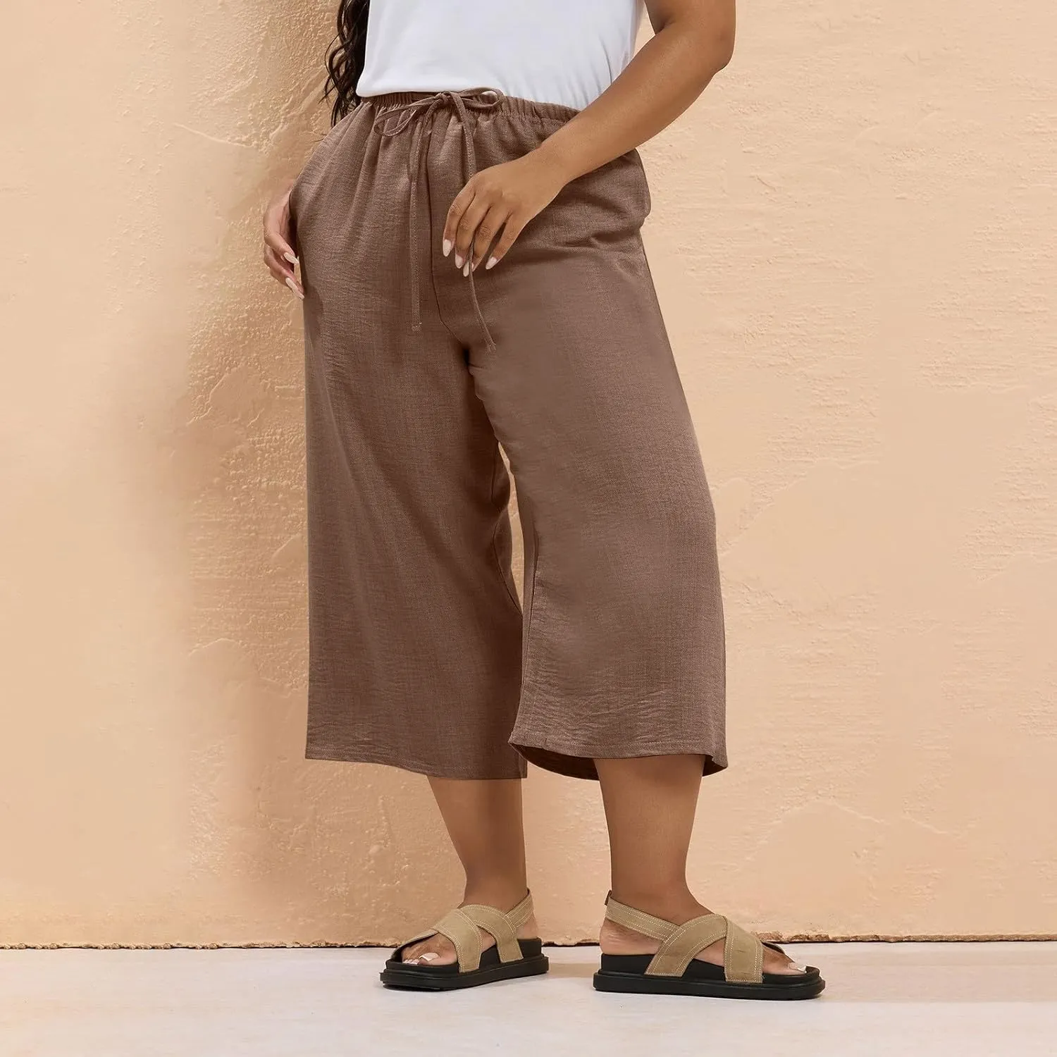 Plus Size Linen Pants for Women Baggy Drawstring High Waisted Wide Leg Pants with Pockets Pull On Capris for Summer