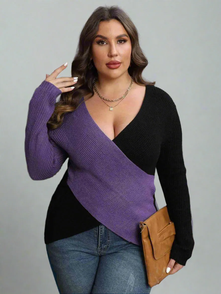 Plus Size Two-Tone Surplice Neck Sweater