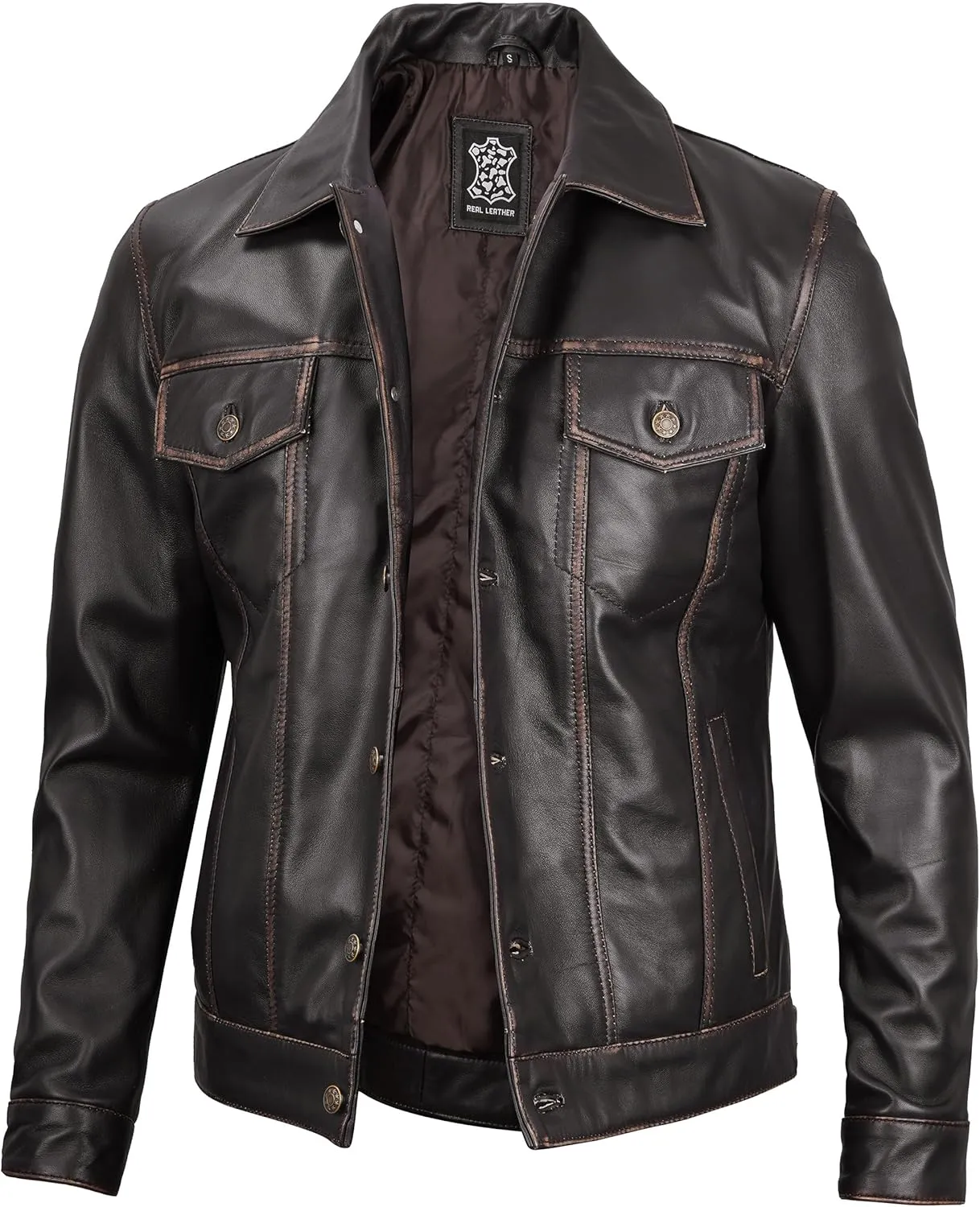 Premium Lambskin Leather Vintage Trucker Jacket Men - Shirt Collar Leather Jackets For Mens