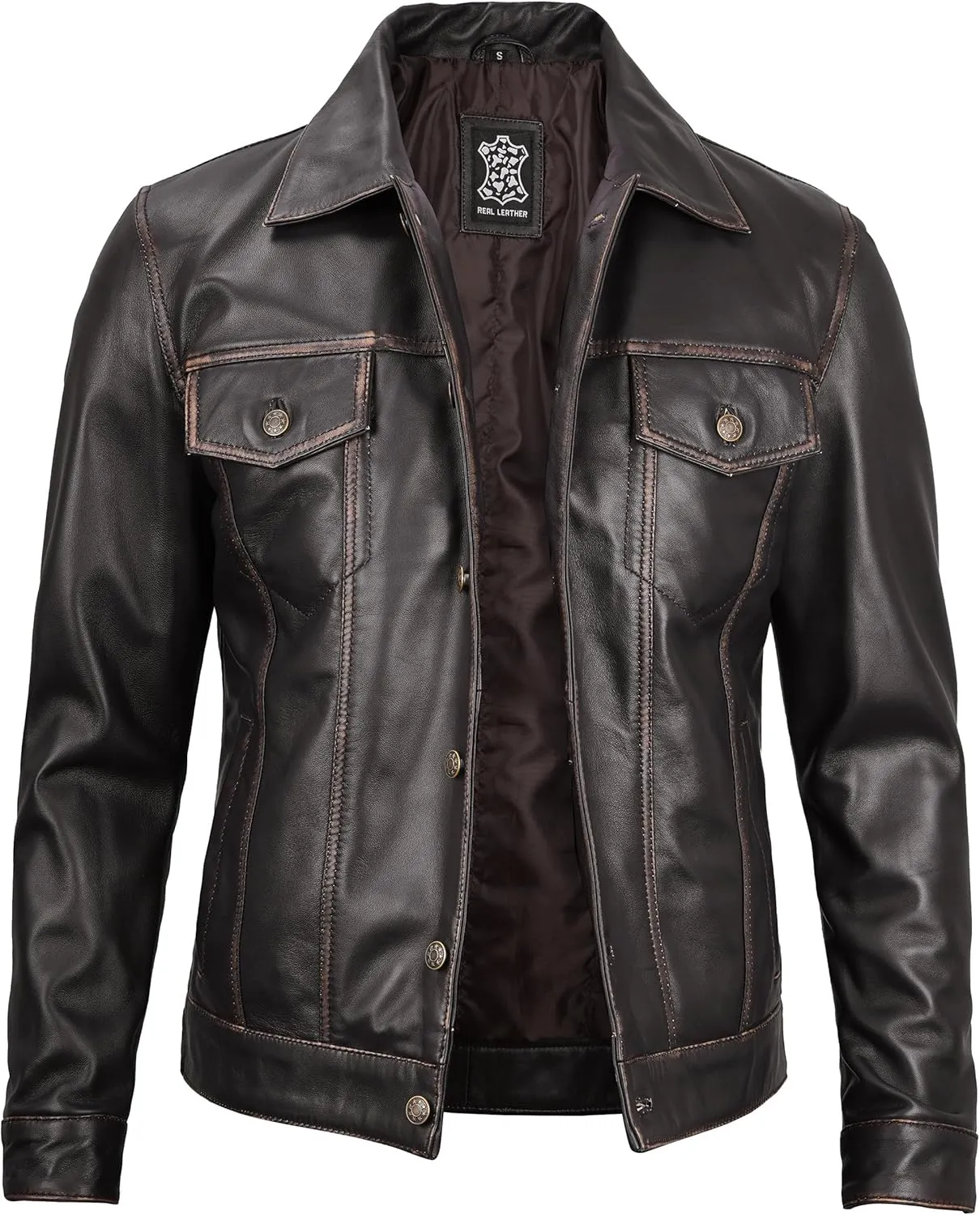 Premium Lambskin Leather Vintage Trucker Jacket Men - Shirt Collar Leather Jackets For Mens