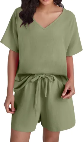 PTOLOCIF Womens Two Piece Outfits Summer Cotton Linen Shorts Sets Short Sleeve Tops with Drawstring Shorts Casual Loungewear