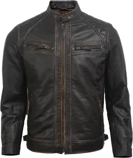 Real Leather Jacket Men - Quilted Biker Style Stand Collar Zip-Up Fashion Motorcycle Leather Jackets For Mens