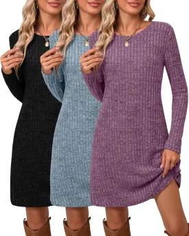 Riyiper 3 Pack Women's Long Sleeve Sweater Tunic Dresses - Loose Fitting Knit Crew Neck for Casual Fall Winter
